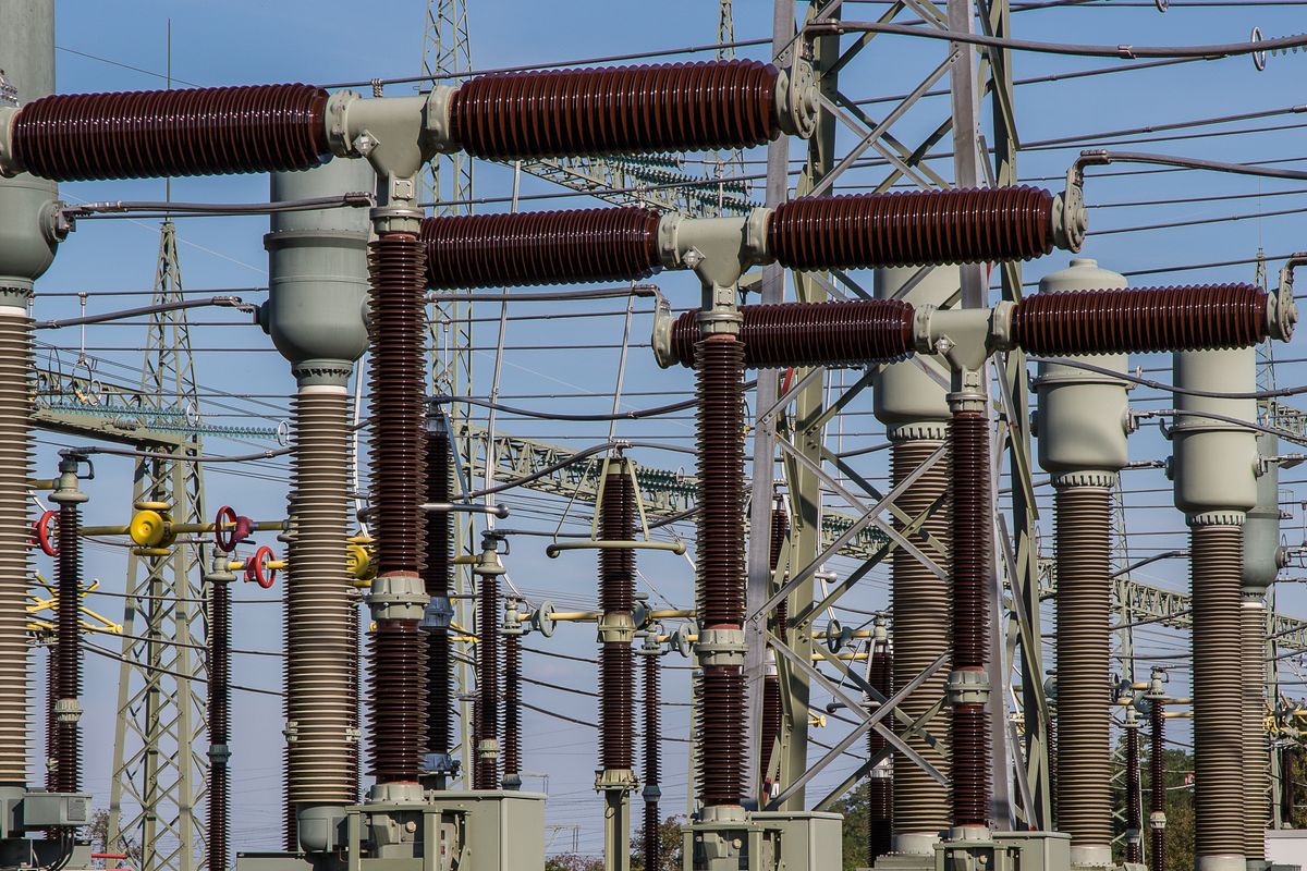 Power transformers and equipment at an electrical substation