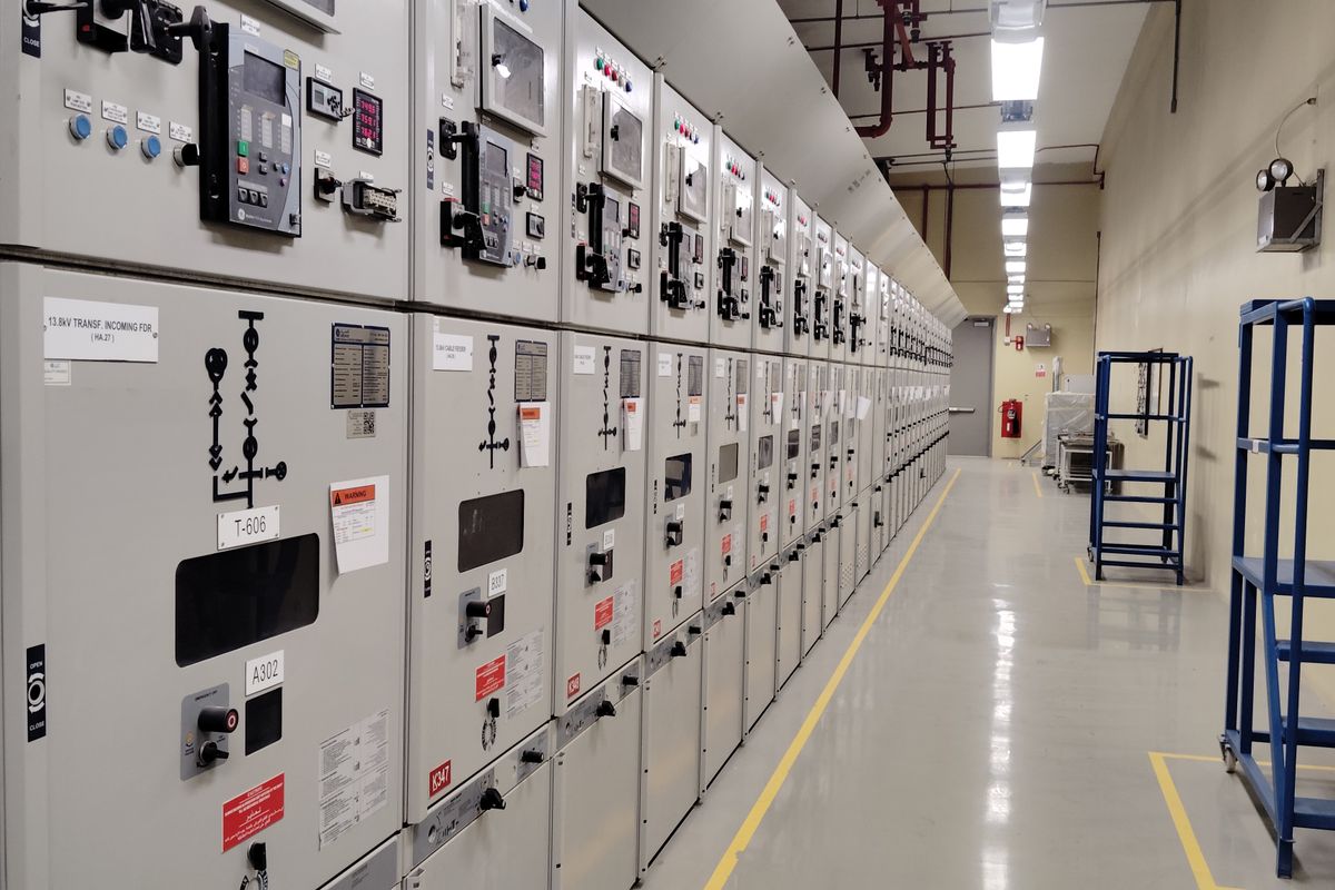 Industrial electrical control panels in a switchgear room